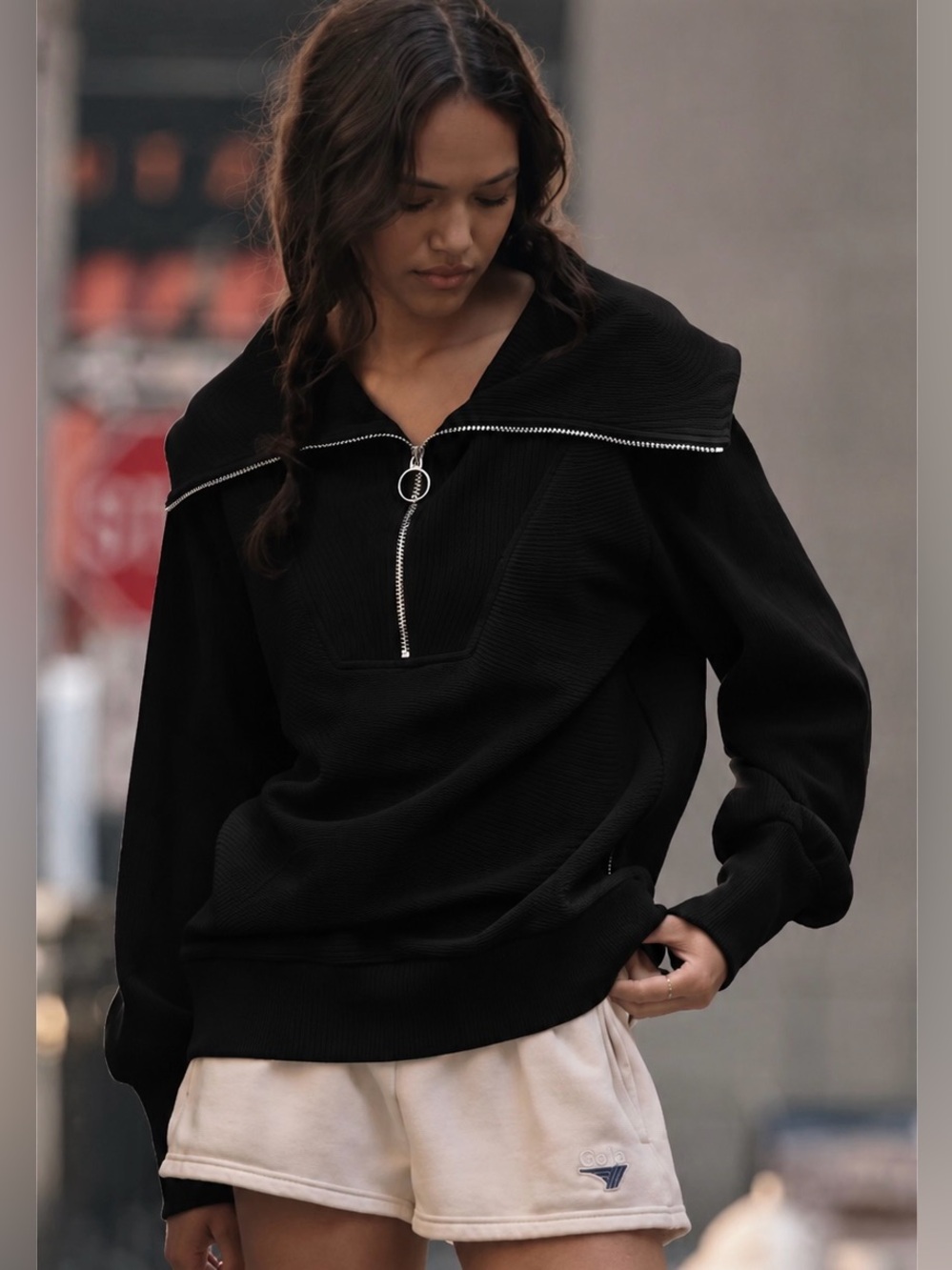 Varley ribbed cotton blend half zip sweatshirt